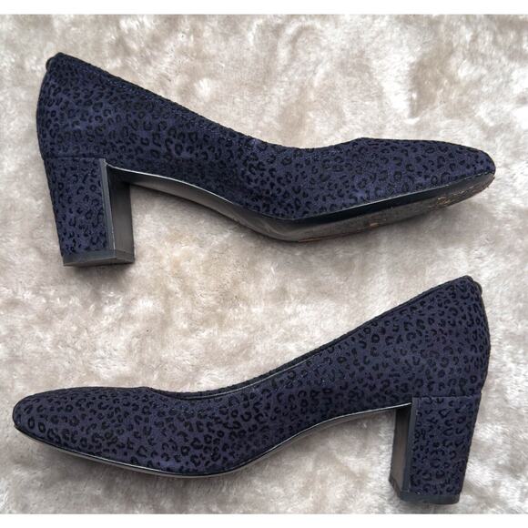 Donald Pliner Navy Suede Leopard Print Square Toe Block Heel Pumps Womens Size 7 - Picture 4 of 16